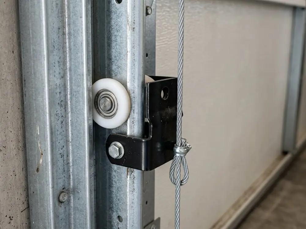 Realigned garage door track with new nylon rollers and cables after repair in Vista CA – 24/7 Premium Doors and Gates