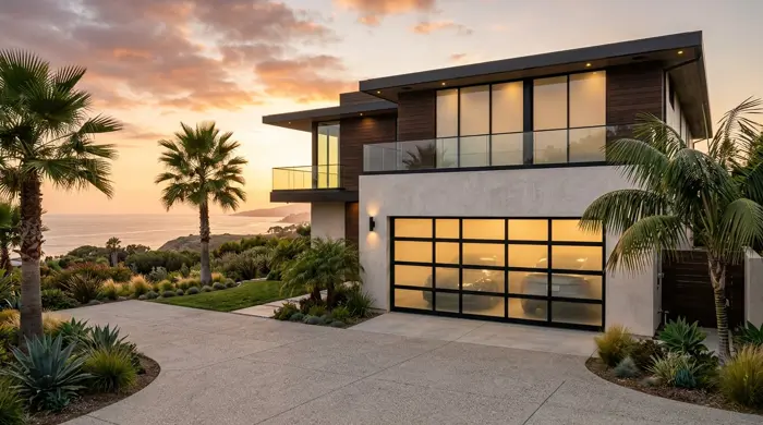 Modern full-view glass black aluminum garage door installation Oceanside CA – 24/7 Premium Doors and Gates