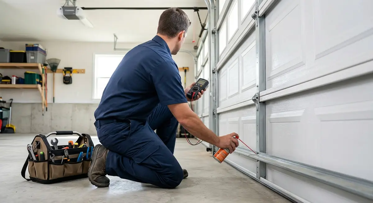 Technician performing 21-point garage door safety inspection with diagnostic tool in Oceanside CA – 24/7 Premium Doors and Gates