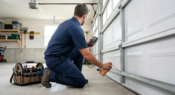 Technician performing a 21-point garage door safety inspection and lubrication in Oceanside CA – 24/7 Premium Doors and Gates
