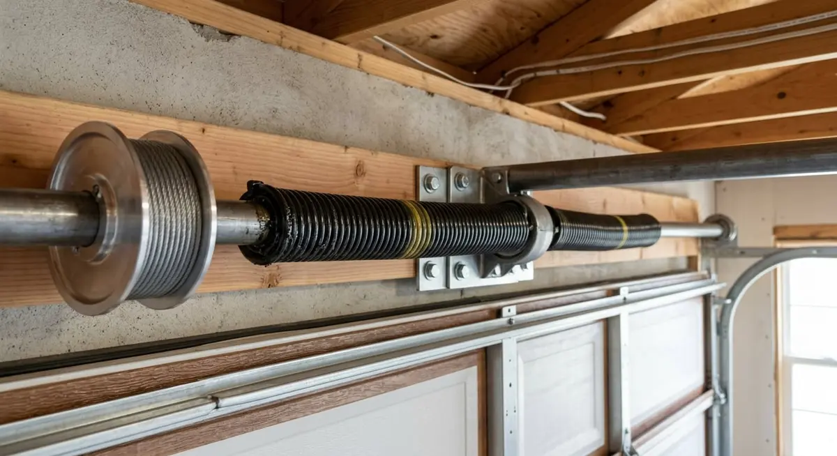 Freshly lubricated torsion springs and cable drums after a garage door tune-up in San Marcos CA – 24/7 Premium Doors and Gates