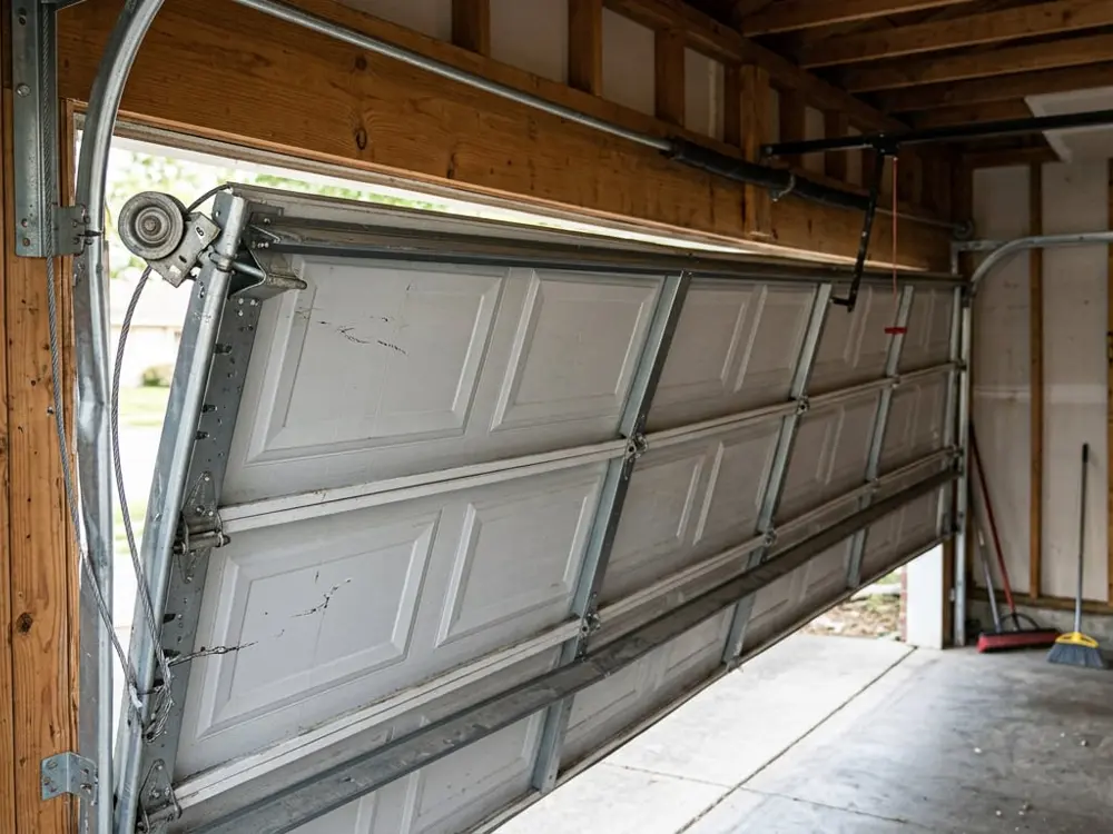 Garage door hanging off track before off-track garage door repair in Vista CA – 24/7 Premium Doors and Gates