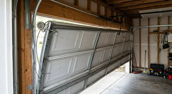 Garage door hanging off its track with popped rollers – emergency off-track garage door repair Oceanside CA by 24/7 Premium Doors and Gates