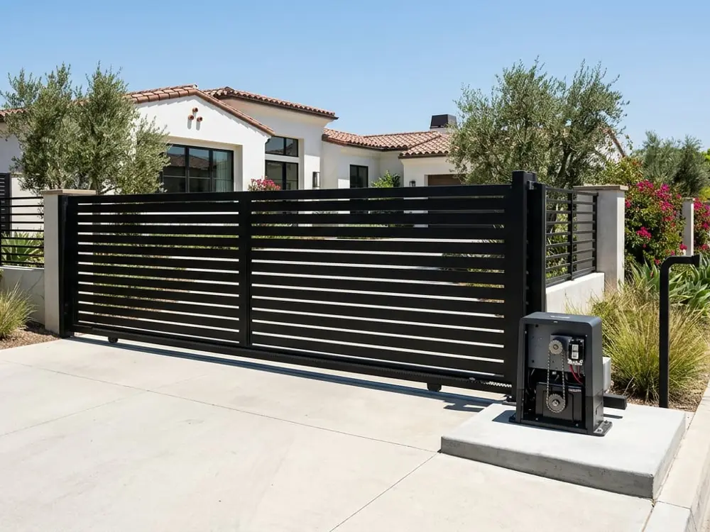 Modern electric sliding driveway gate after automatic gate installation in Carlsbad CA – 24/7 Premium Doors and Gates