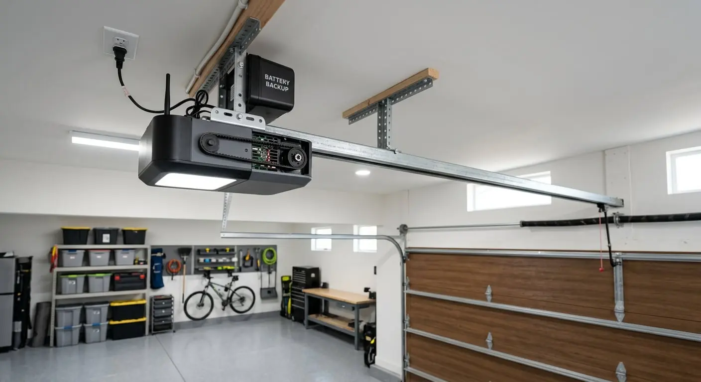 Smart Wi-Fi belt-drive garage door opener with battery backup installed in Oceanside CA by 24/7 Premium Doors and Gates
