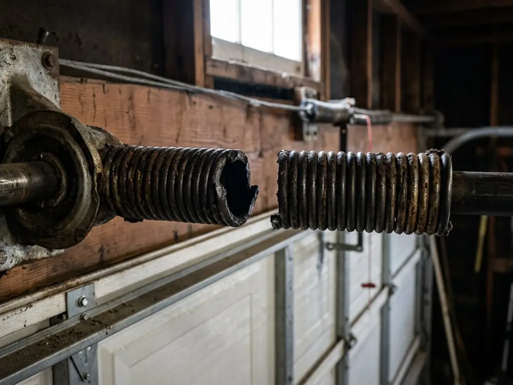 Snapped broken garage door torsion spring before repair in Oceanside CA – 24/7 Premium Doors and Gates