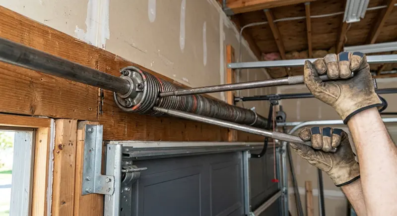 Technician replacing a broken torsion spring on a garage door in Oceanside CA – 24/7 Premium Doors and Gates