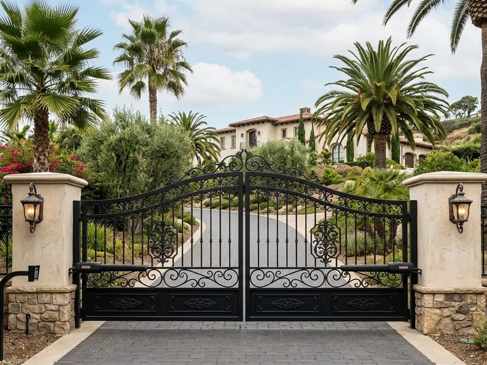 Automatic wrought iron swing driveway gate after installation in Escondido CA – 24/7 Premium Doors and Gates