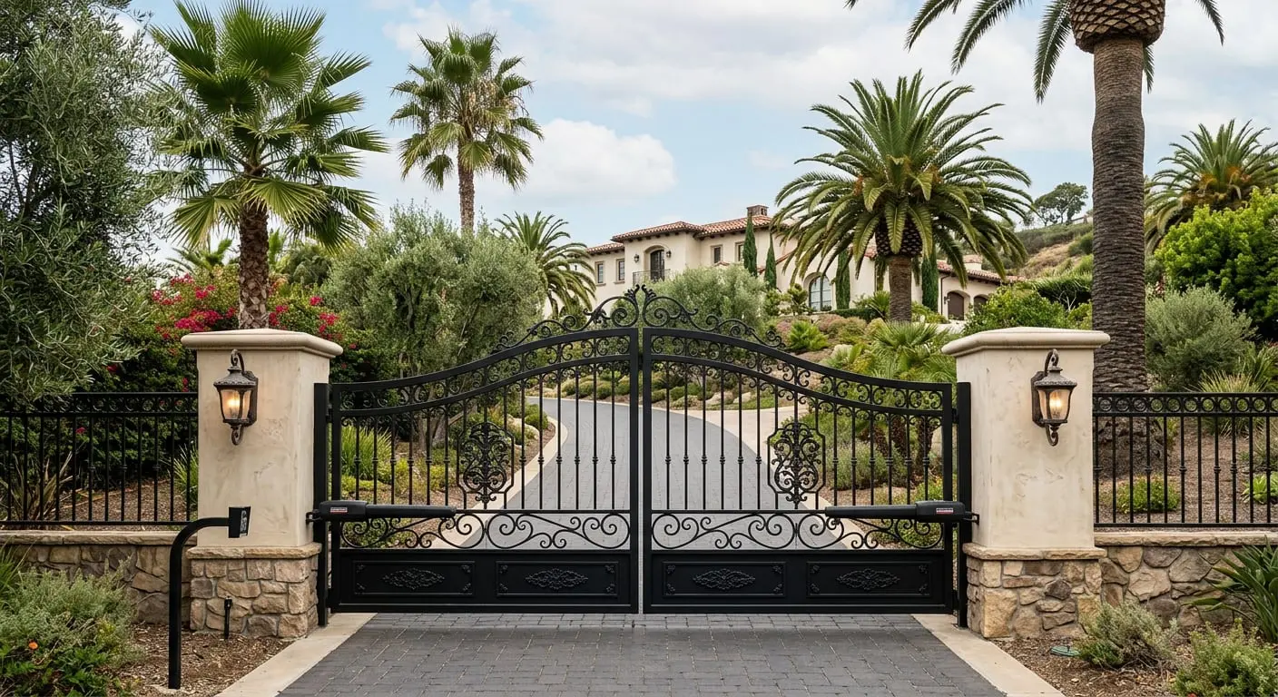 Wrought iron automatic swing driveway gate at a Carlsbad CA estate – automatic gate repair Carlsbad by 24/7 Premium Doors and Gates